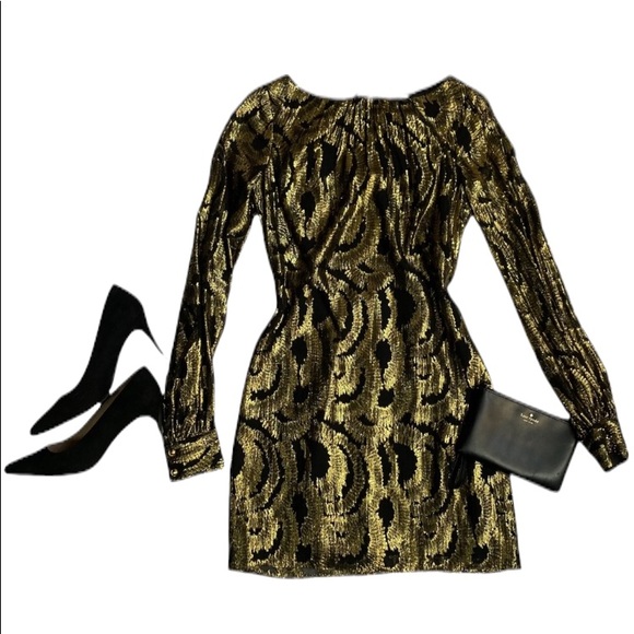 Milly of New York Dresses & Skirts - Milly: Gold Silk Sheath Party Dress with Long Sleeves and Open Back | Sz 0